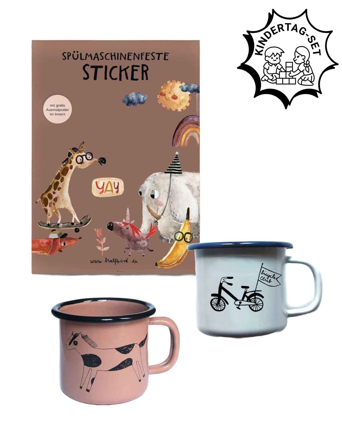 Emaillebecher & Sticker-Set