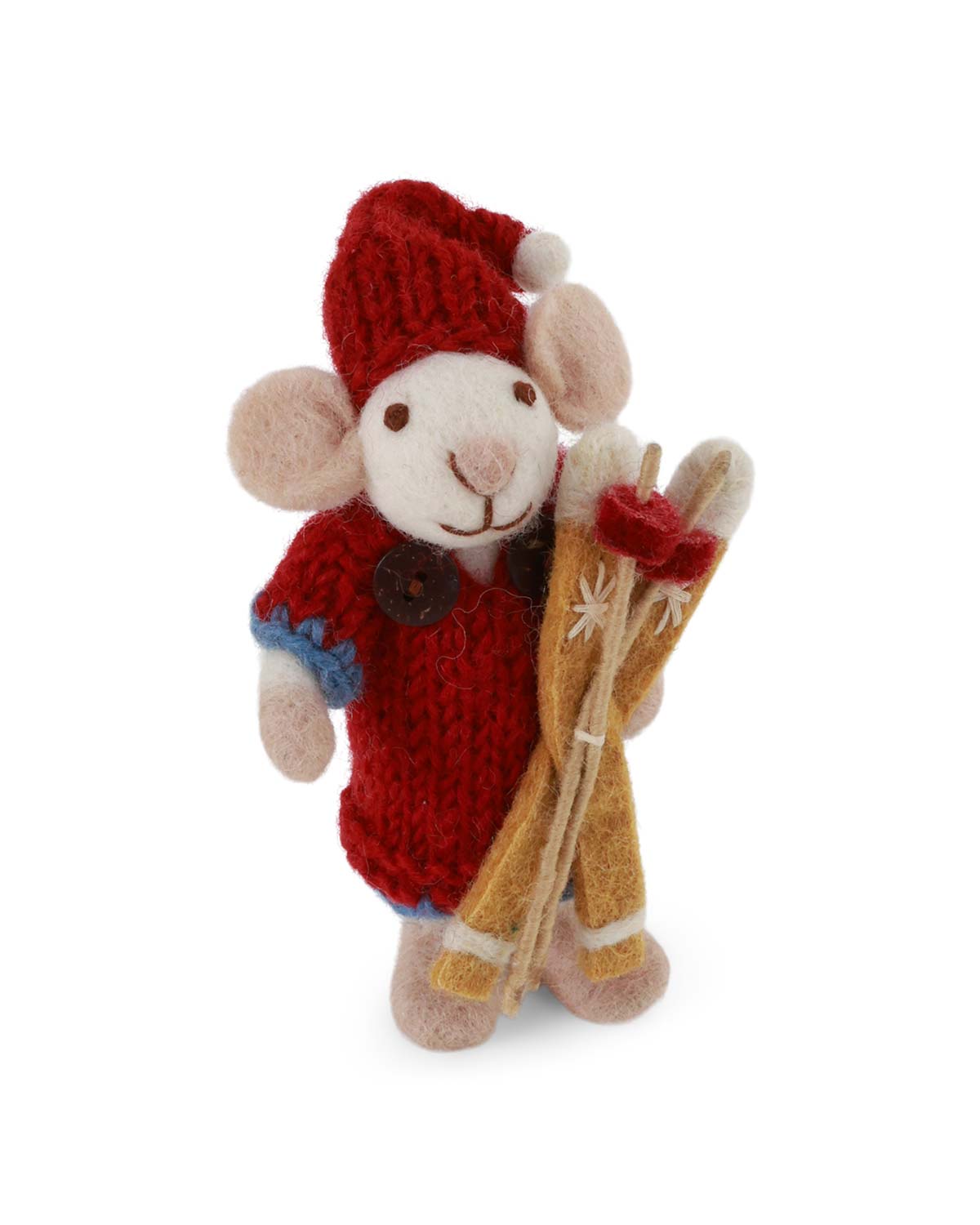 Weiße Weihnachtsmaus mit Ski Filz Weihnachtsdeko 12 cm