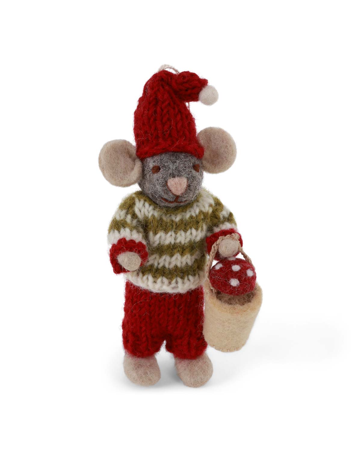 Graue Weihnachtsmaus mit Pilzen Filz Weihnachtsdeko 12 cm