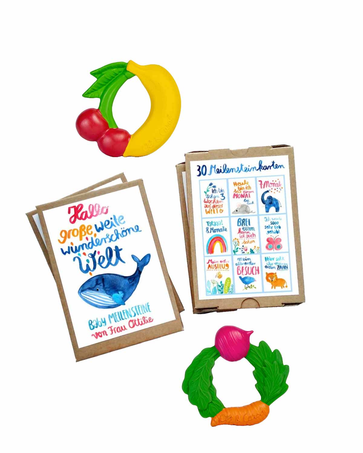 Babygeschenkset zur Geburt – Meilensteinkarten & Beißring