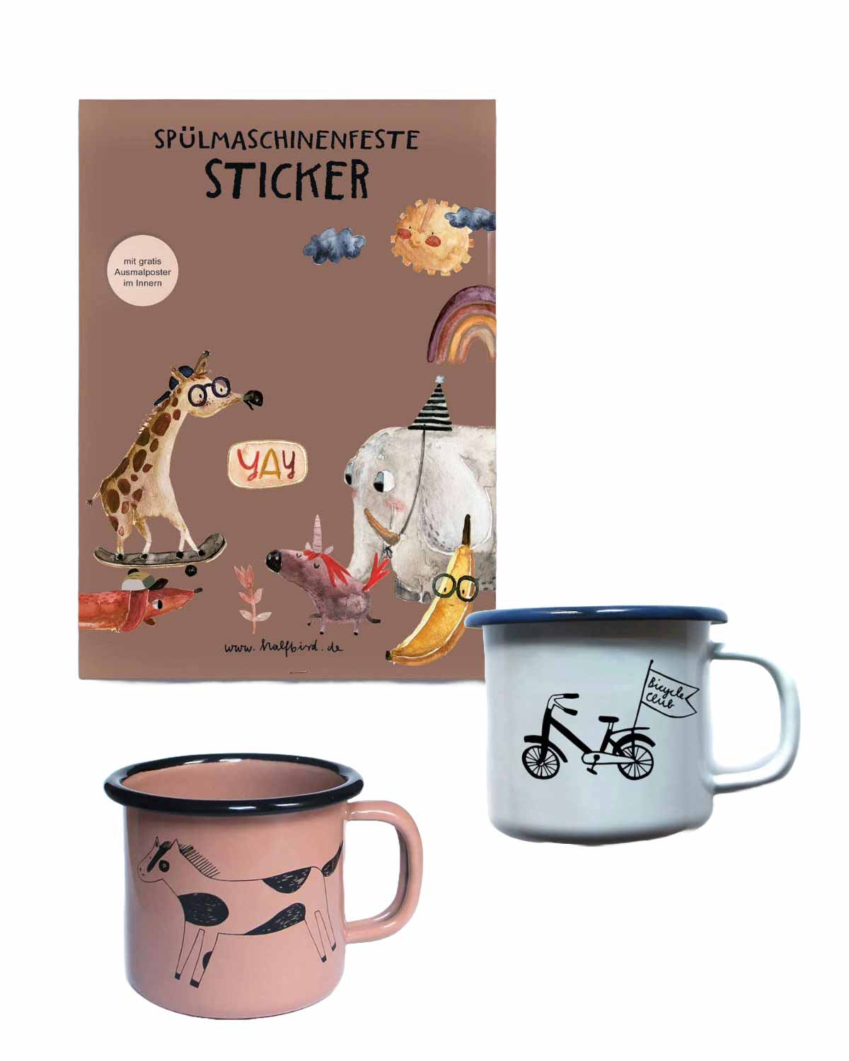 Emaillebecher & Sticker-Set
