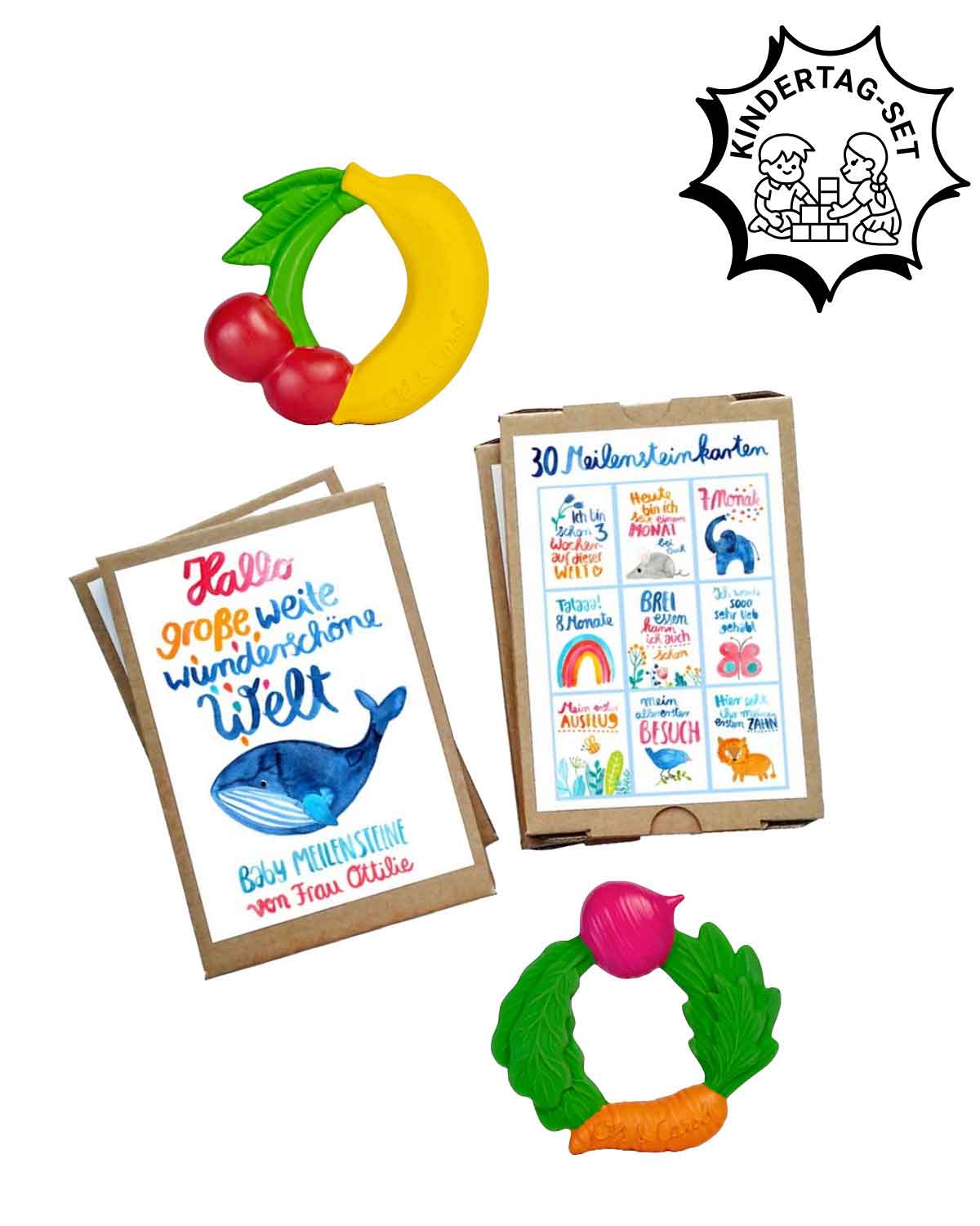 Babygeschenkset zum Kindertag – Meilensteinkarten & Beißring