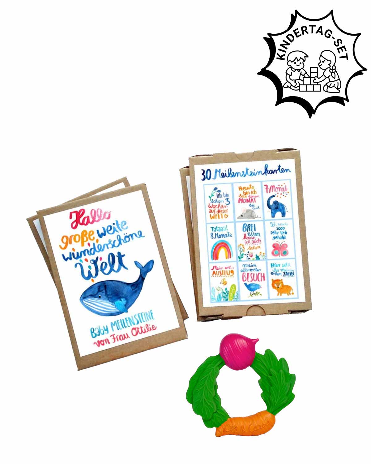Babygeschenkset zum Kindertag – Meilensteinkarten & Beißring