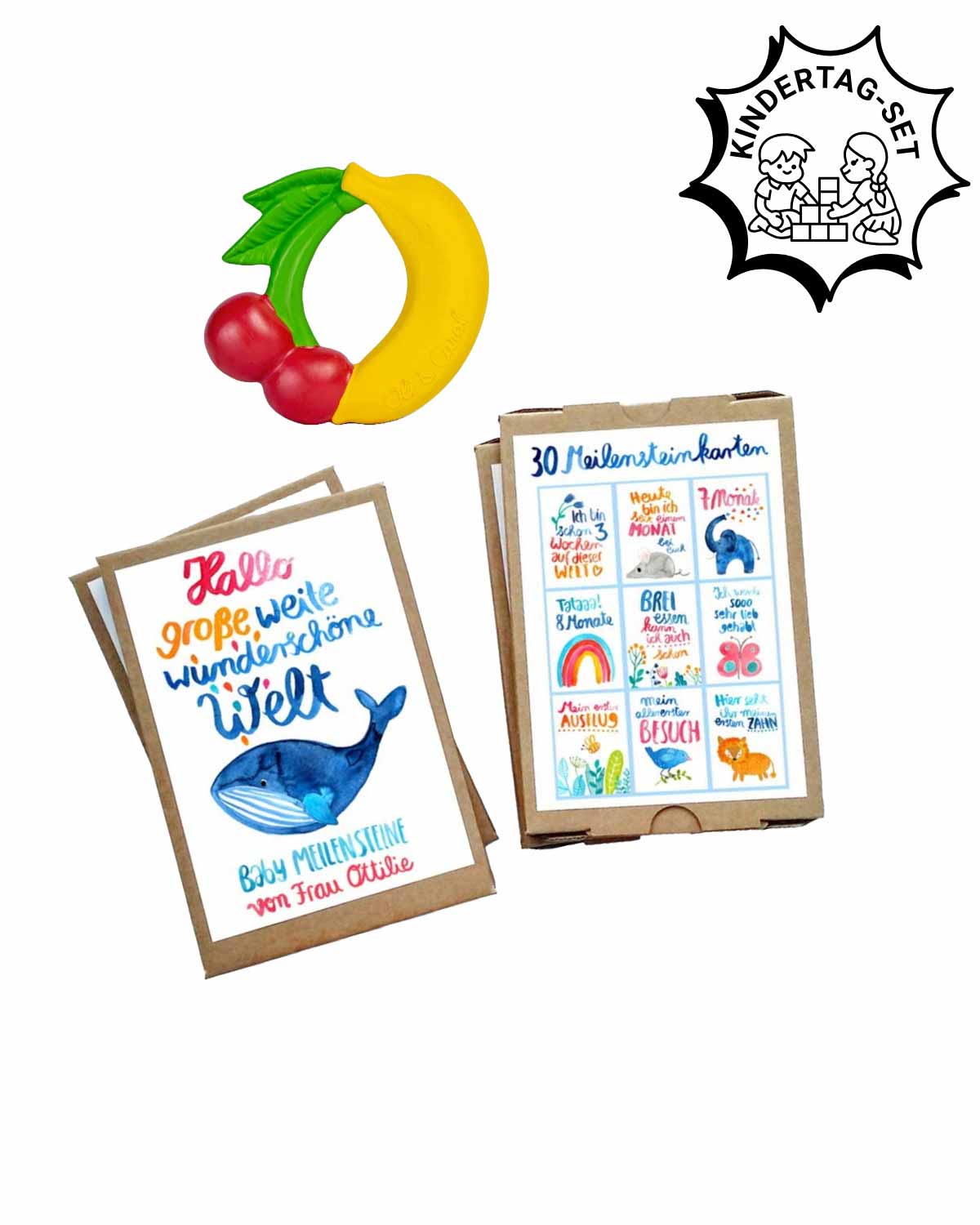 Babygeschenkset zum Kindertag – Meilensteinkarten & Beißring