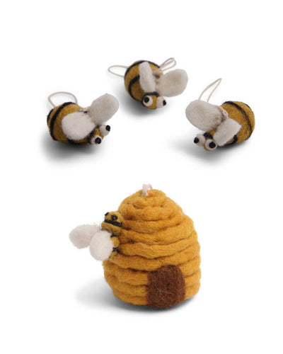 Mini Bienen mit Bienenkorb Filzanhänger Set